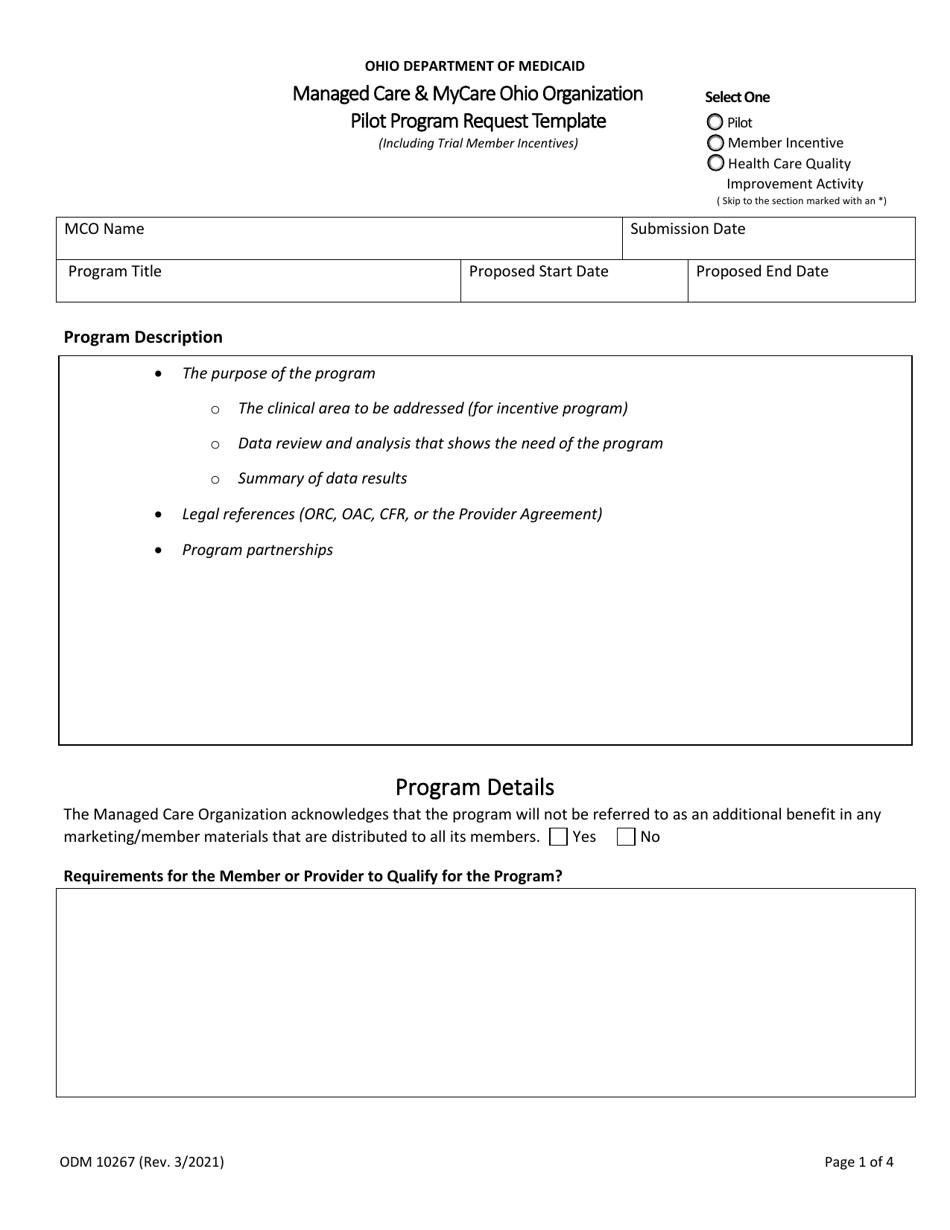 Form ODM10267 Managed Care  Mycare Ohio Organization Pilot Program Request Template - Ohio, Page 1