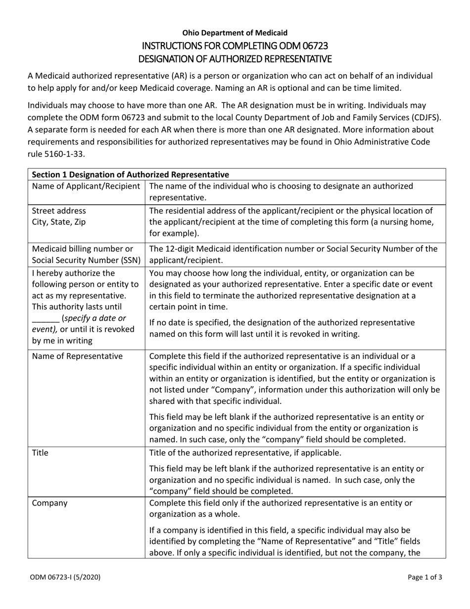 Instructions for Form ODM06723 Designation of Authorized Representative - Ohio, Page 1