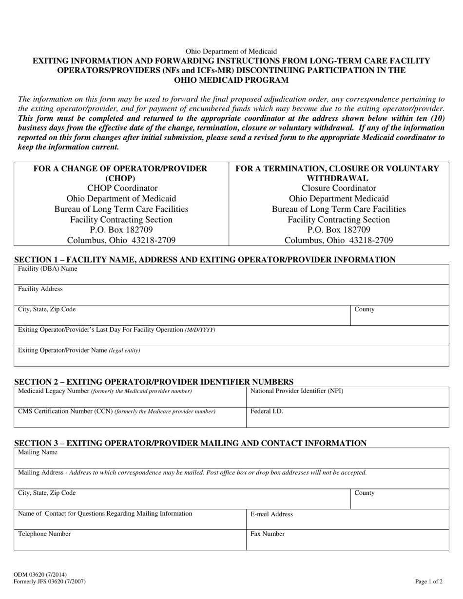 Form ODM03620 Exiting Information and Forwarding Instructions From Long-Term Care Facility Operators/Providers (Nfs and Icfs-Mr) Discontinuing Participation in the Ohio Medicaid Program - Ohio, Page 1