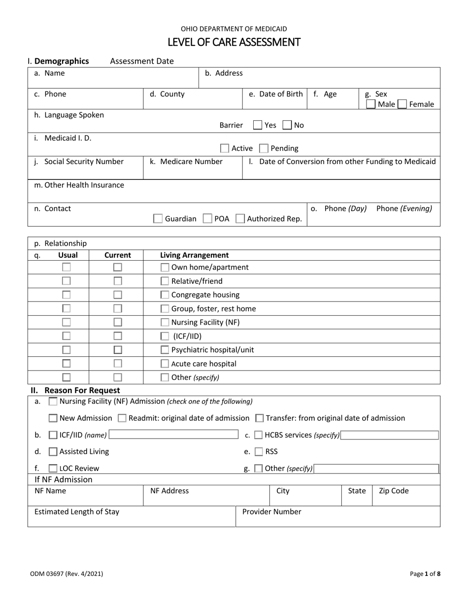 Form ODM03697 Level of Care Assessment - Ohio, Page 1