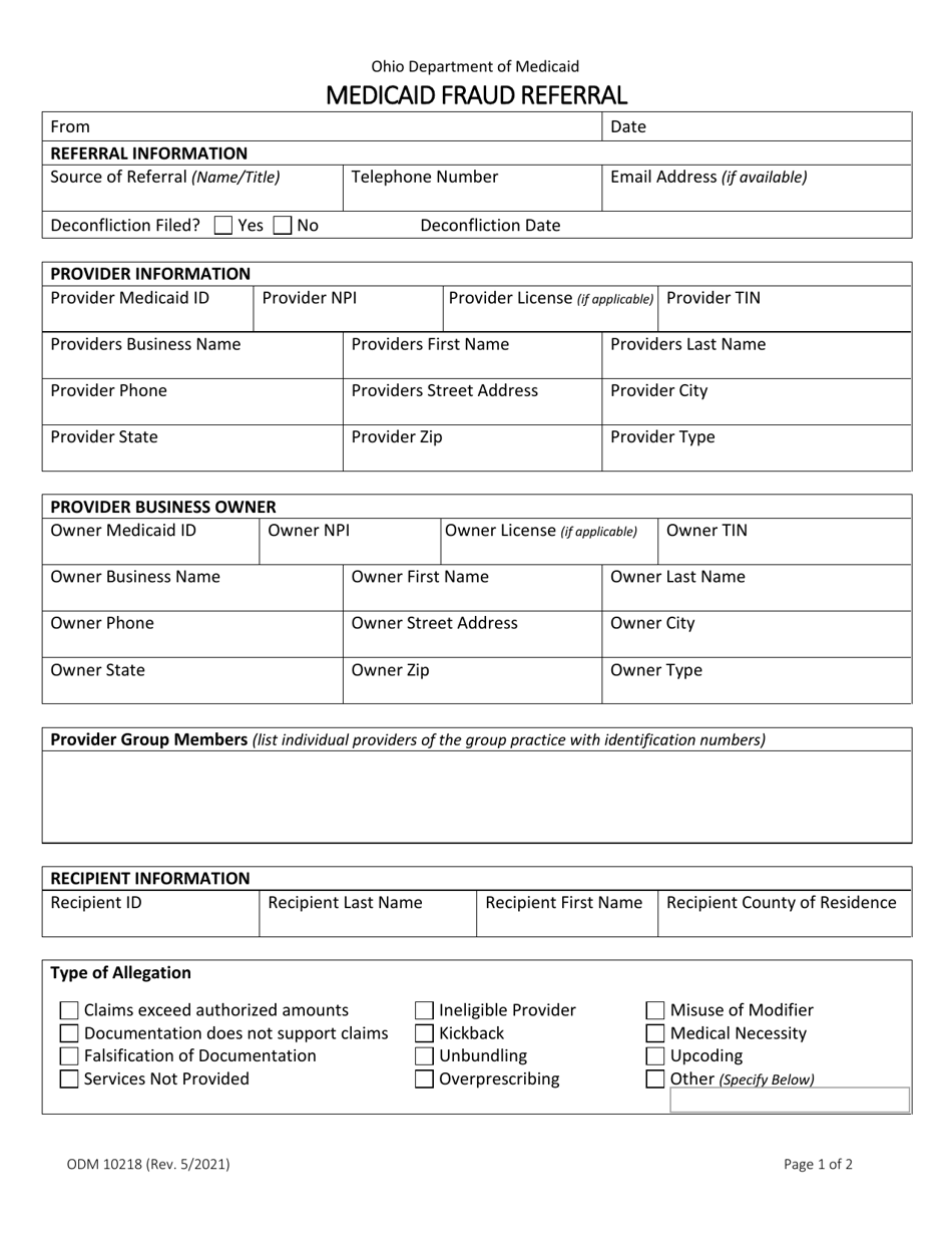 Form ODM10218 Medicaid Fraud Referral - Ohio, Page 1