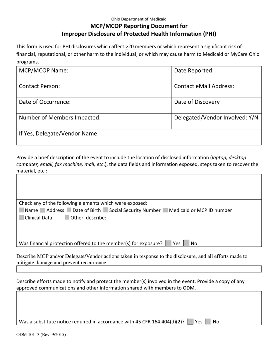 Form ODM10113 Mcp / Mcop Reporting Document for Improper Disclosure of Protected Health Information (Phi) - Ohio, Page 1