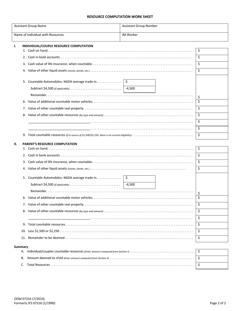 Form ODM07316 Medicaid Non-institutional Budget and Resource Computation Work Sheet - Ohio, Page 2