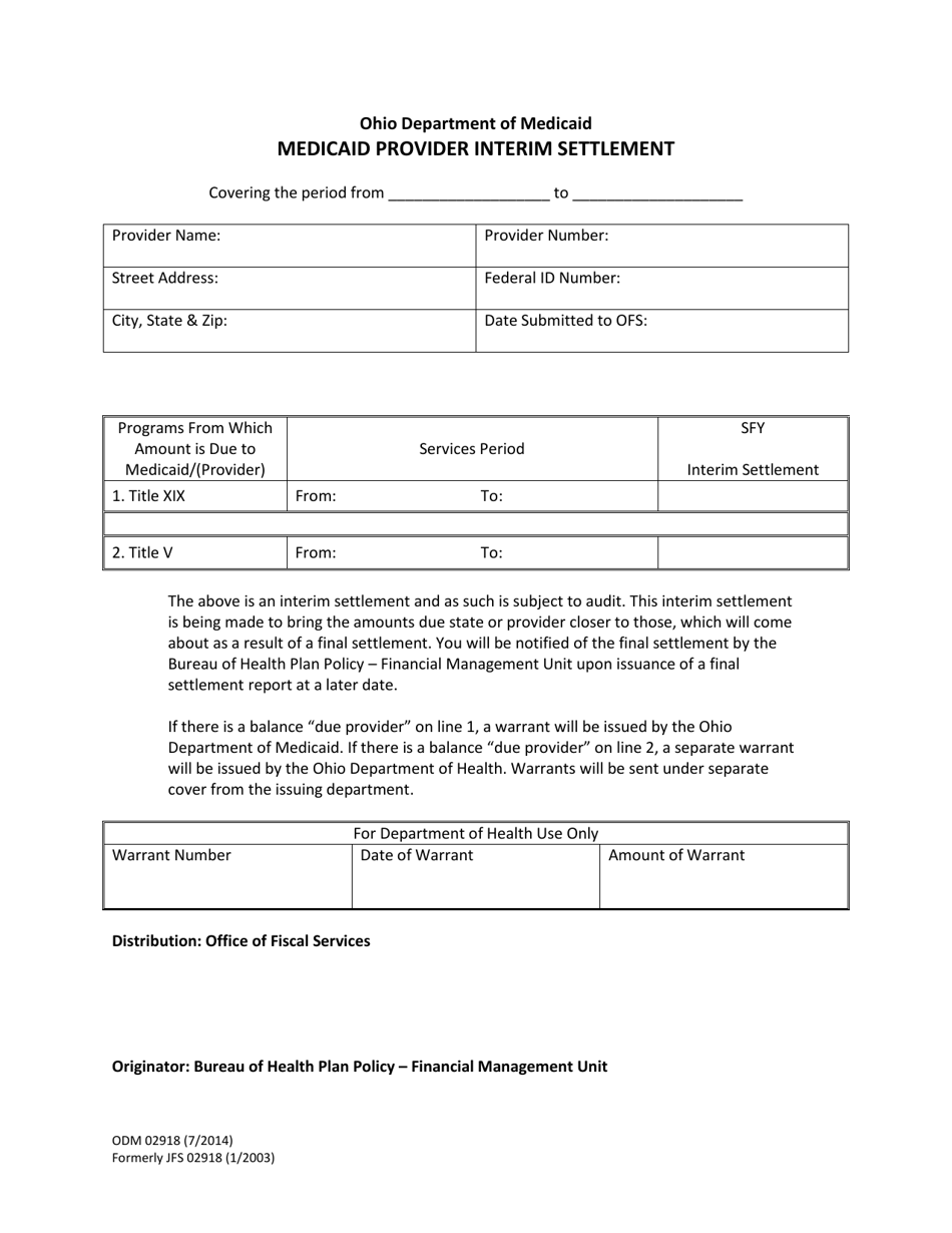 Form ODM02918 Medicaid Provider Interim Settlement - Ohio, Page 1