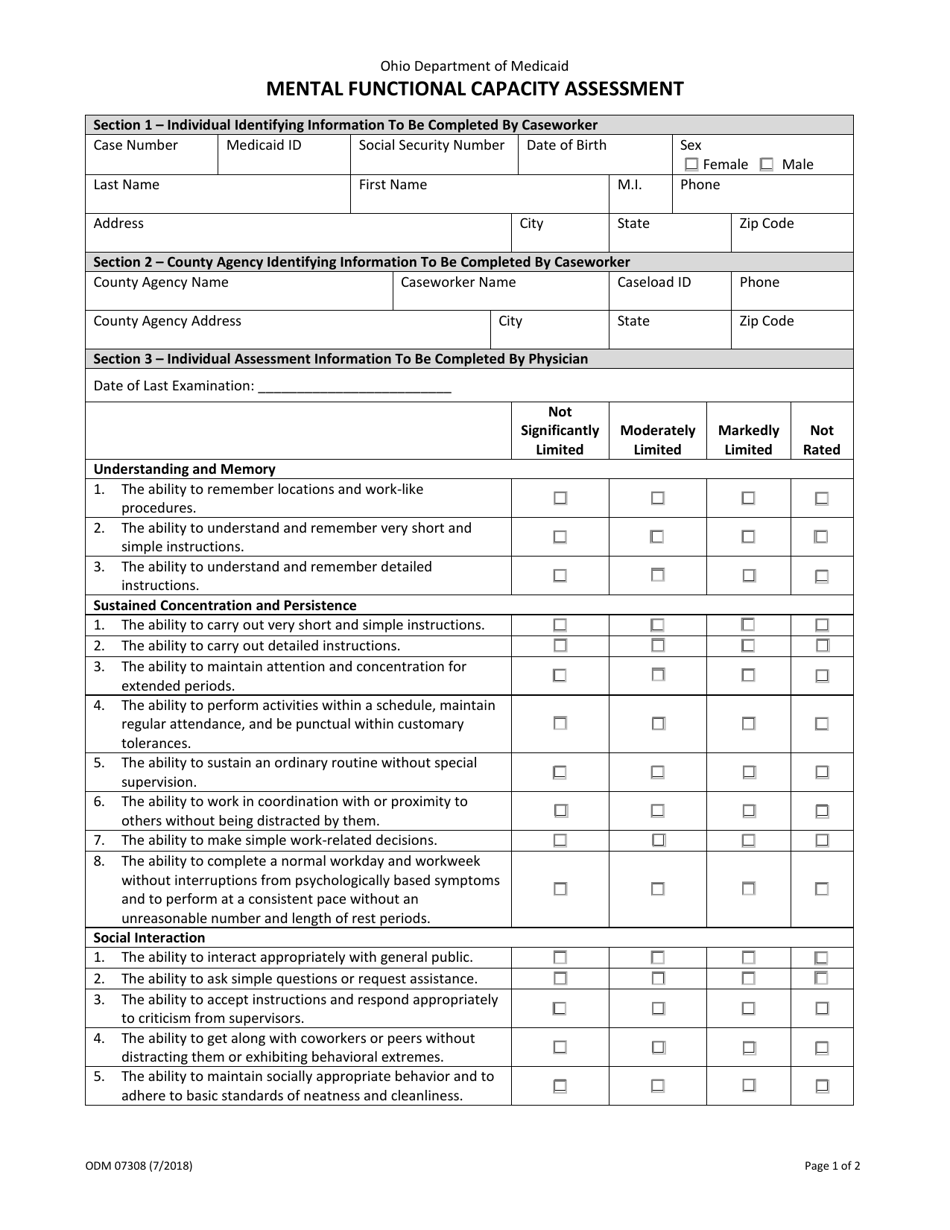 Form ODM07308 Mental Functional Capacity Assessment - Ohio, Page 1