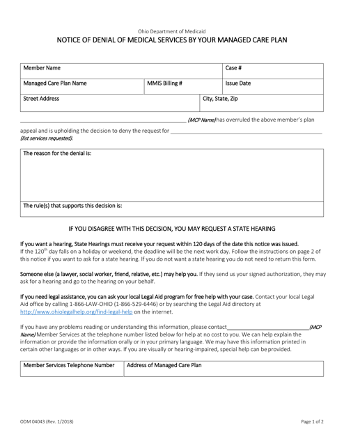 Form ODM04043 Notice of Denial of Medical Services by Your Managed Care Plan - Ohio