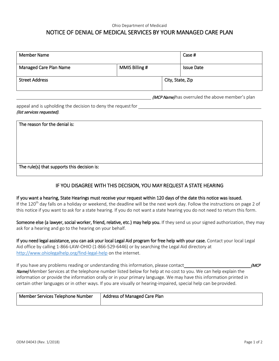 Form ODM04043 Notice of Denial of Medical Services by Your Managed Care Plan - Ohio, Page 1