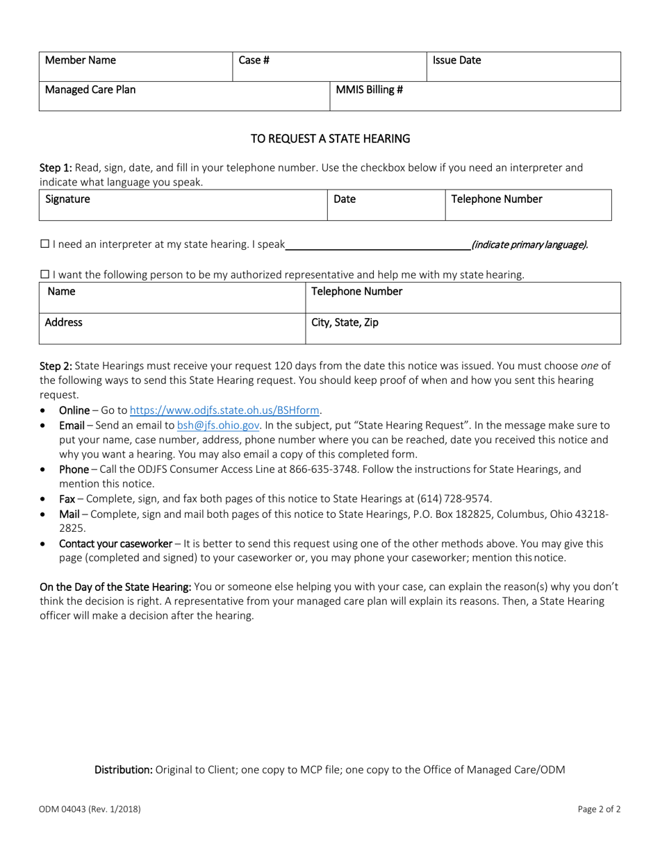 Form ODM04043 Notice of Denial of Medical Services by Your Managed Care Plan - Ohio, Page 2