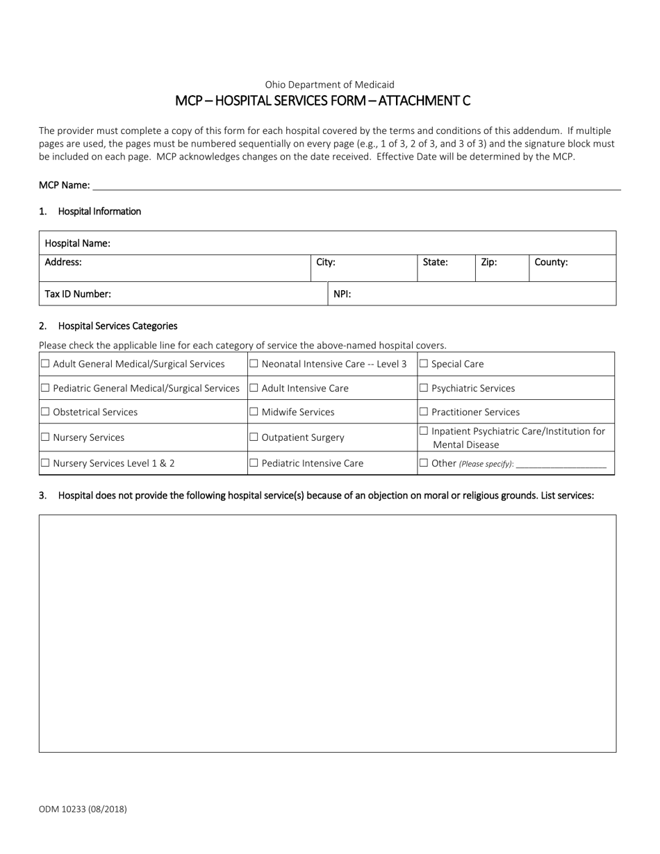Form ODM10233 Attachment C Mcp - Hospital Services Form - Ohio, Page 1