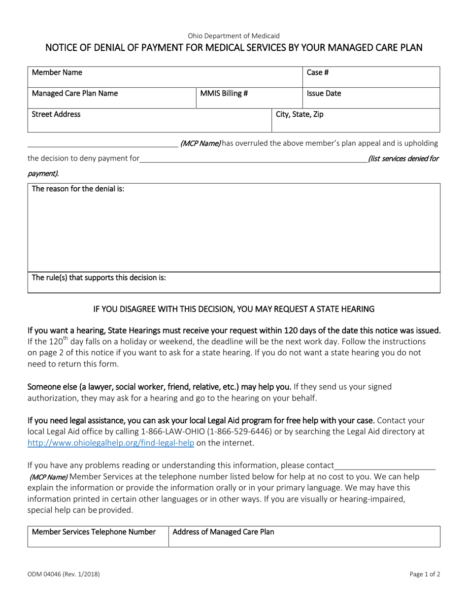 Form ODM04046 Notice of Denial of Payment for Medical Services by Your Managed Care Plan - Ohio, Page 1