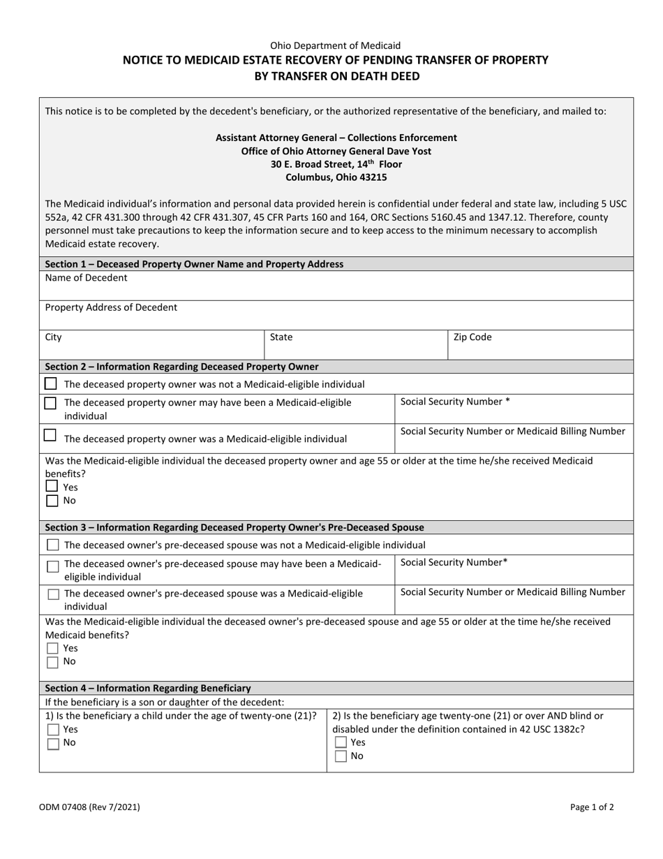 Form ODM07408 Notice to Medicaid Estate Recovery of Pending Transfer of Property by Transfer on Death Deed - Ohio, Page 1