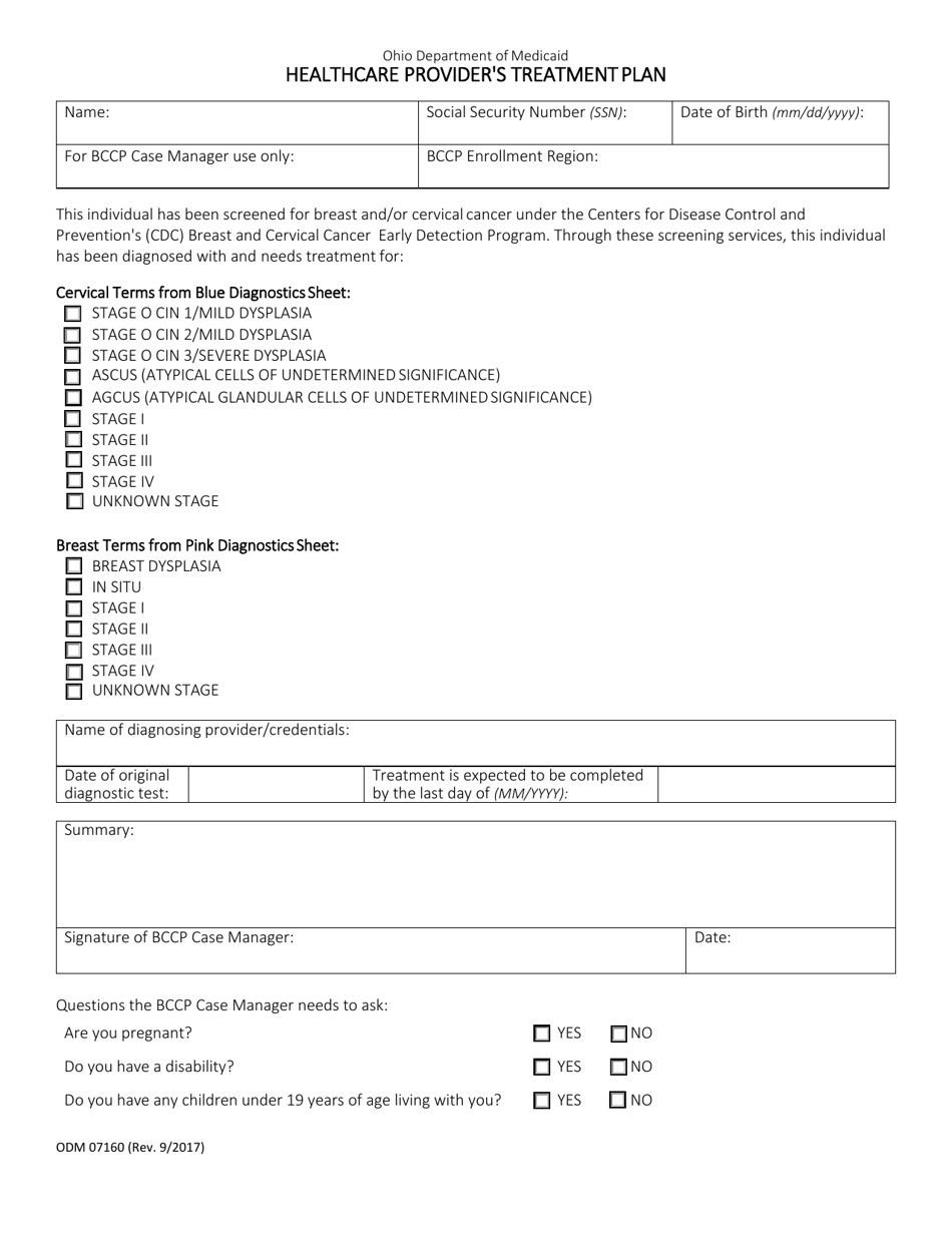Form ODM07160 Healthcare Providers Treatment Plan - Ohio, Page 1