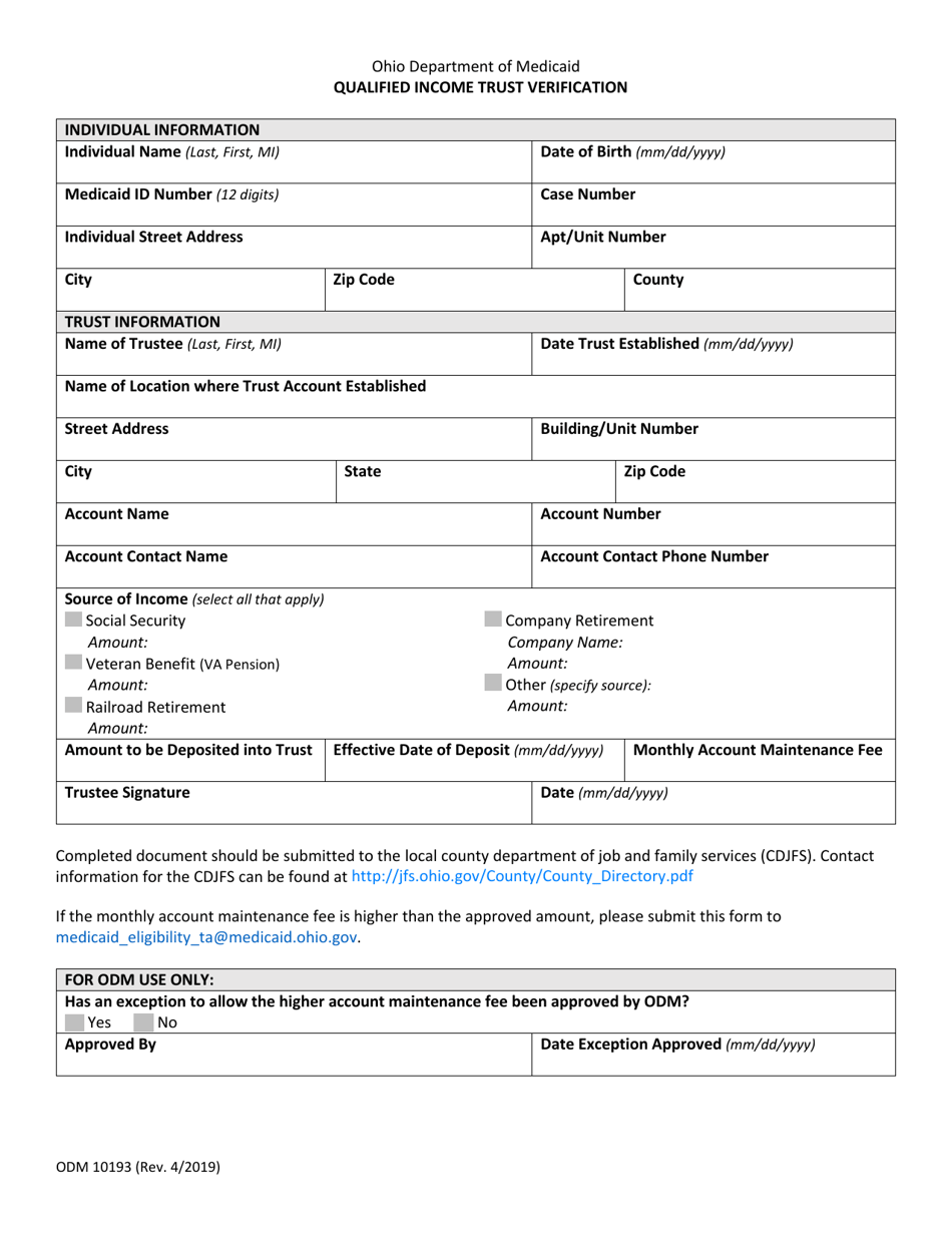 Form ODM10193 Qualified Income Trust Verification - Ohio, Page 1
