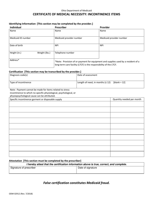 Form ODM02912 Certificate of Medical Necessity: Incontinence Items - Ohio
