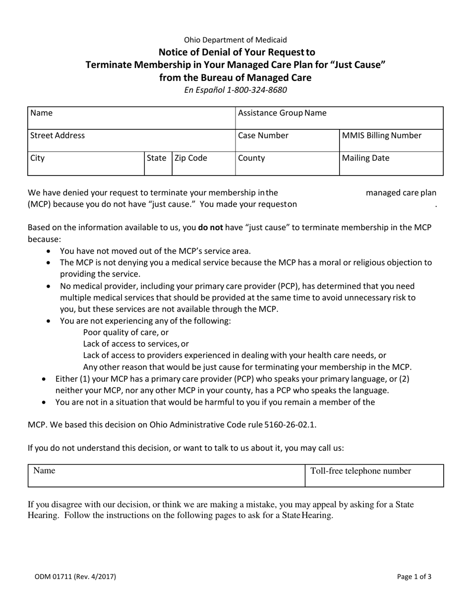 Form ODM01711 Notice of Denial of Your Request to Terminate Membership in Your Managed Care Plan for just Cause From the Bureau of Managed Care - Ohio, Page 1