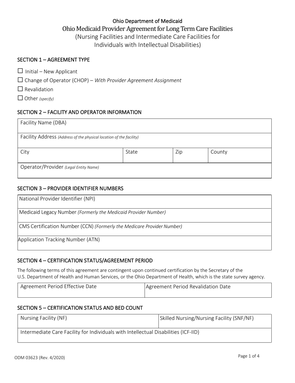 Form ODM03623 Ohio Medicaid Provider Agreement for Long Term Care Facilities - Ohio, Page 1