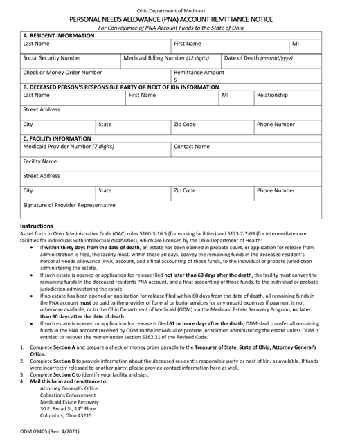 Form ODM09405 Personal Needs Allowance (Pna) Account Remittance Notice - Ohio