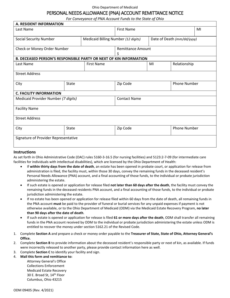 Form ODM09405 Personal Needs Allowance (Pna) Account Remittance Notice - Ohio, Page 1