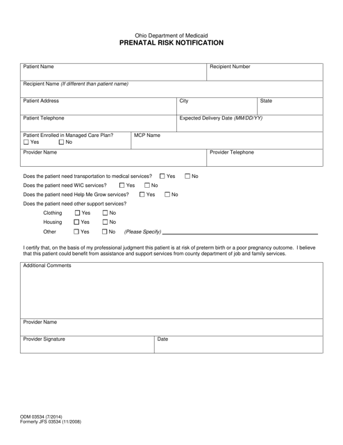 Form ODM03534 Prenatal Risk Notification - Ohio