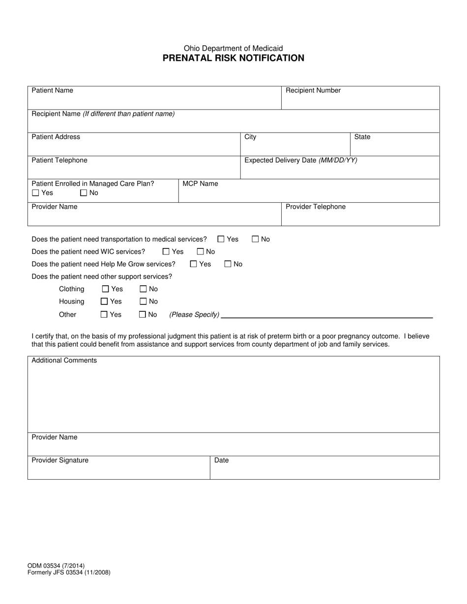 Form ODM03534 Prenatal Risk Notification - Ohio, Page 1