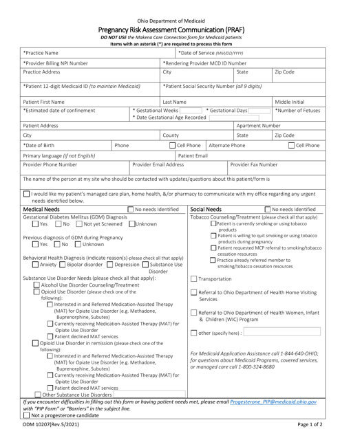 Form ODM10207 Pregnancy Risk Assessment Communication (Praf) - Ohio