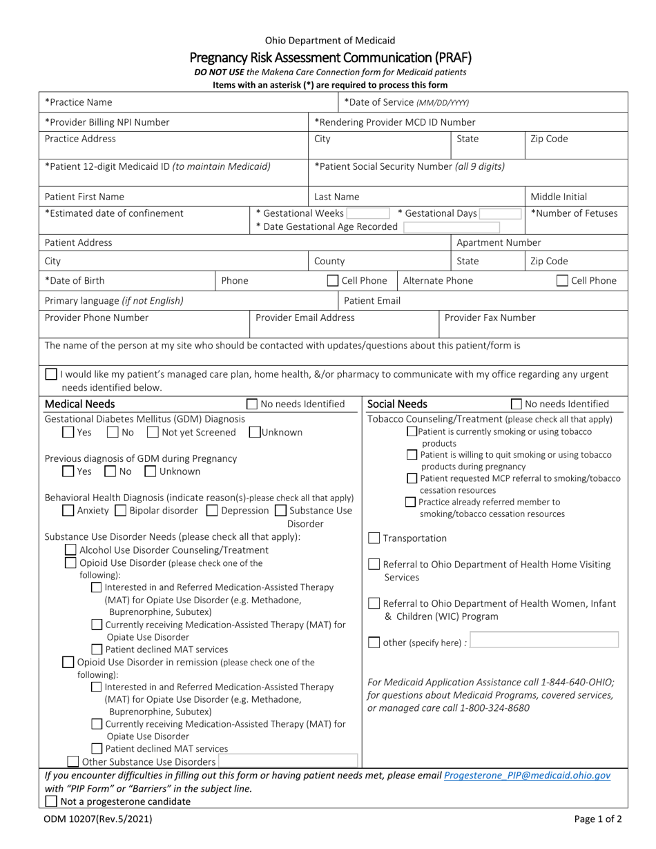 Form ODM10207 Pregnancy Risk Assessment Communication (Praf) - Ohio, Page 1
