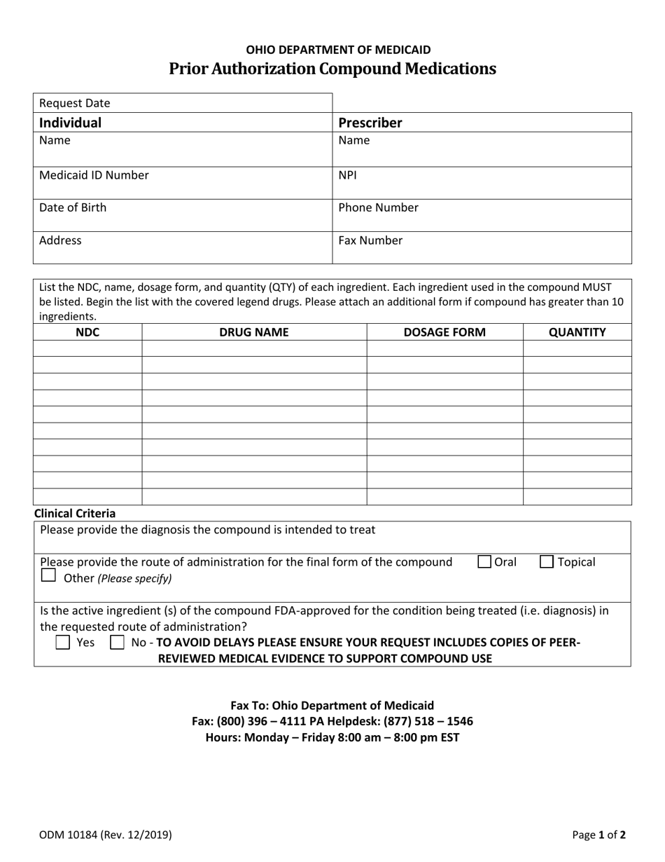 Form ODM10184 Prior Authorization Compound Medications - Ohio, Page 1