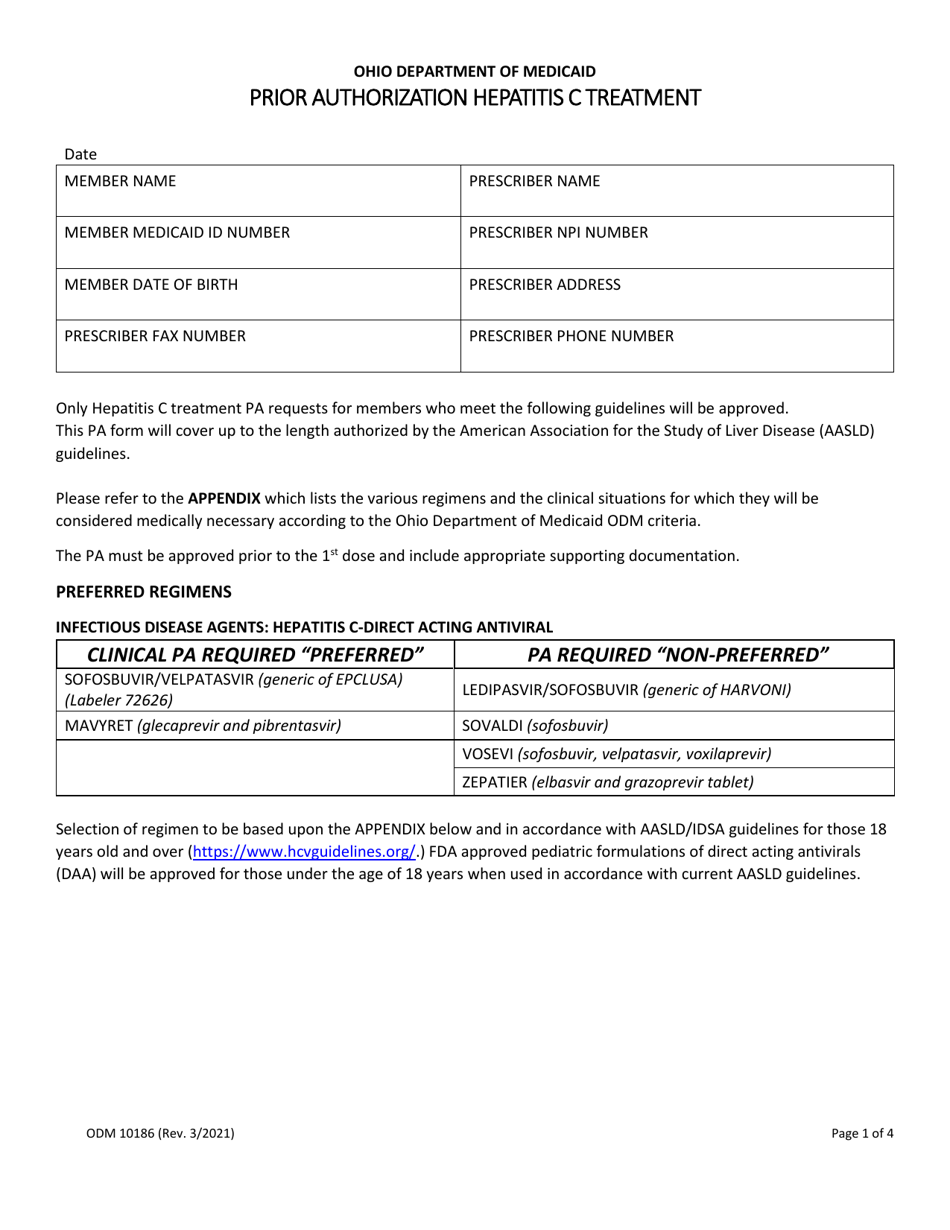 Form ODM10186 Prior Authorization Hepatitis C Treatment - Ohio, Page 1