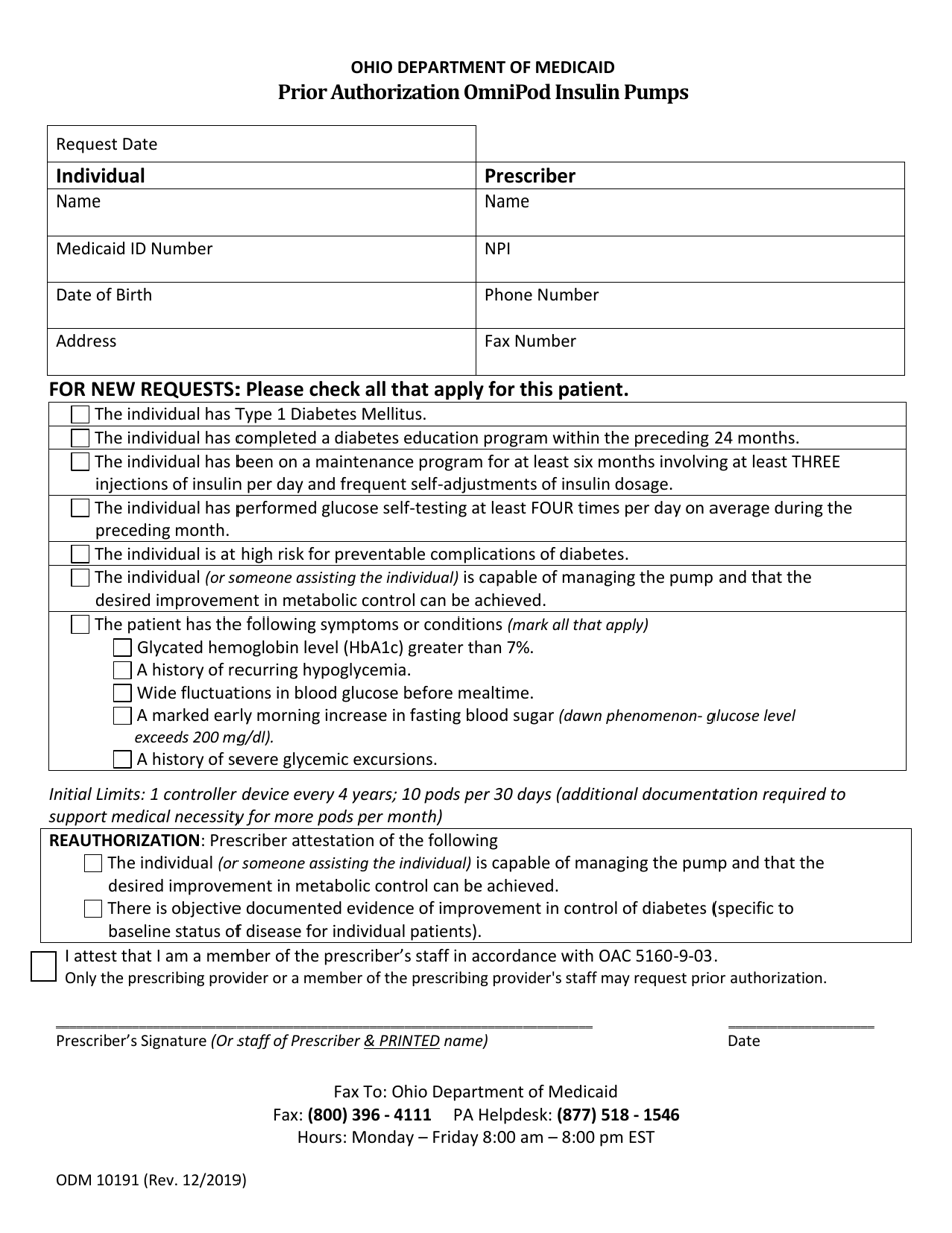 Form ODM10191 Prior Authorization Omnipod Insulin Pumps - Ohio, Page 1