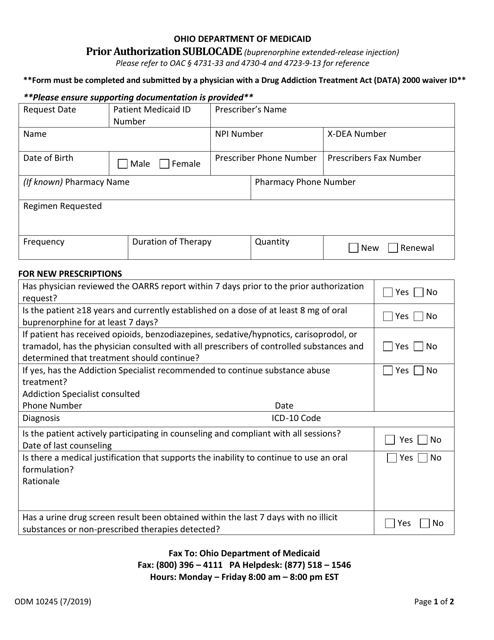 Form ODM10245 Prior Authorization Sublocade - Ohio