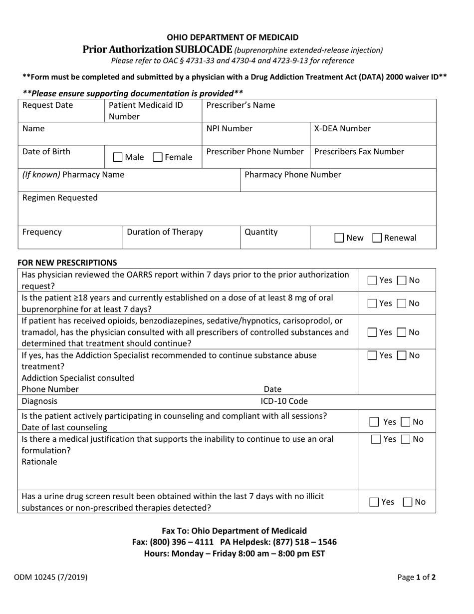 Form ODM10245 Prior Authorization Sublocade - Ohio, Page 1