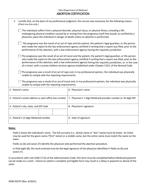 Form ODM03197 Abortion Certification - Ohio