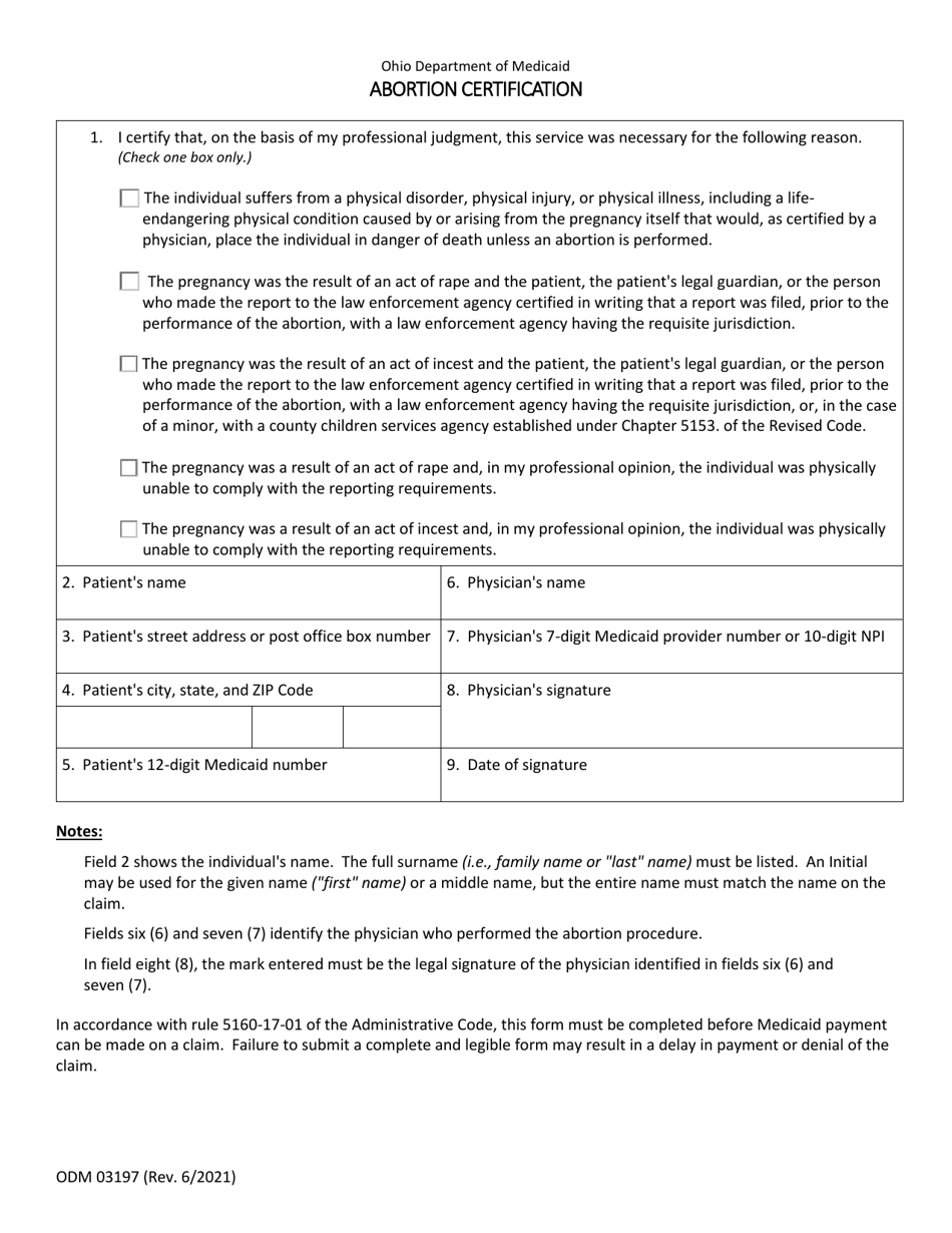 Form ODM03197 Abortion Certification - Ohio, Page 1
