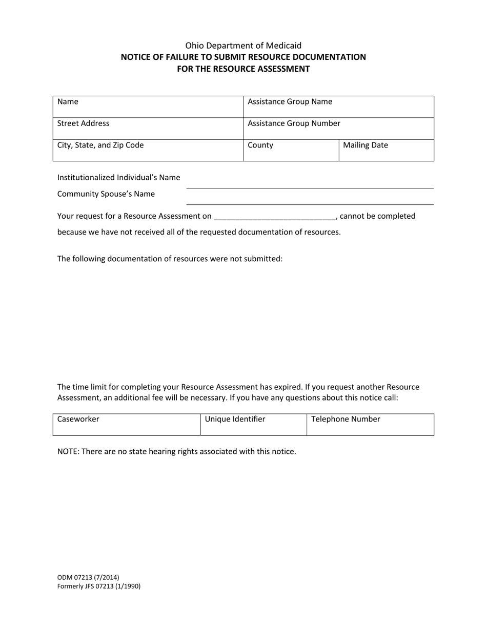Form ODM07213 Notice of Failure to Submit Resource Documentation for the Resource Assessment - Ohio, Page 1