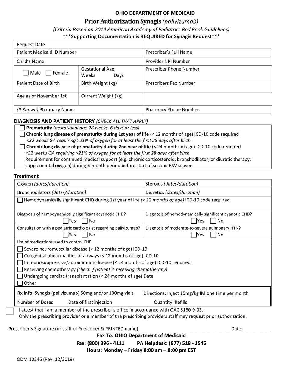 Form ODM10246 Prior Authorization Synagis - Ohio, Page 1
