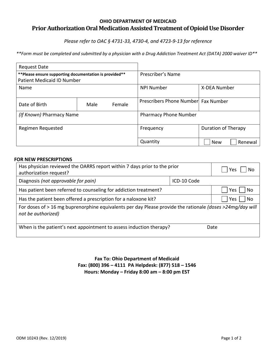 Form ODM10243 Prior Authorization Oral Medication Assisted Treatment of Opioid Use Disorder - Ohio, Page 1