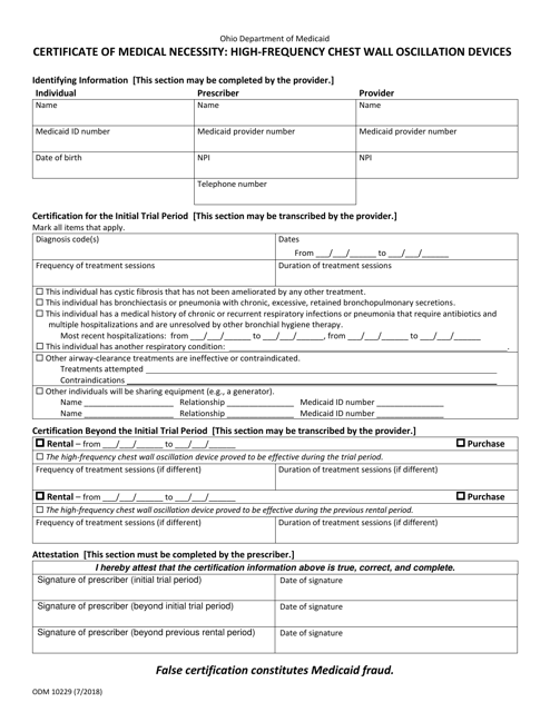 Form ODM10229 Certificate of Medical Necessity: High-Frequency Chest Wall Oscillation Devices - Ohio