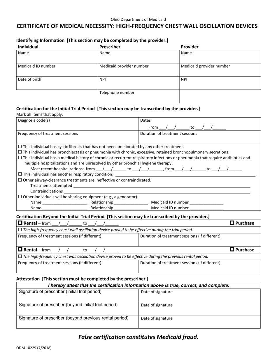 Form ODM10229 Certificate of Medical Necessity: High-Frequency Chest Wall Oscillation Devices - Ohio, Page 1