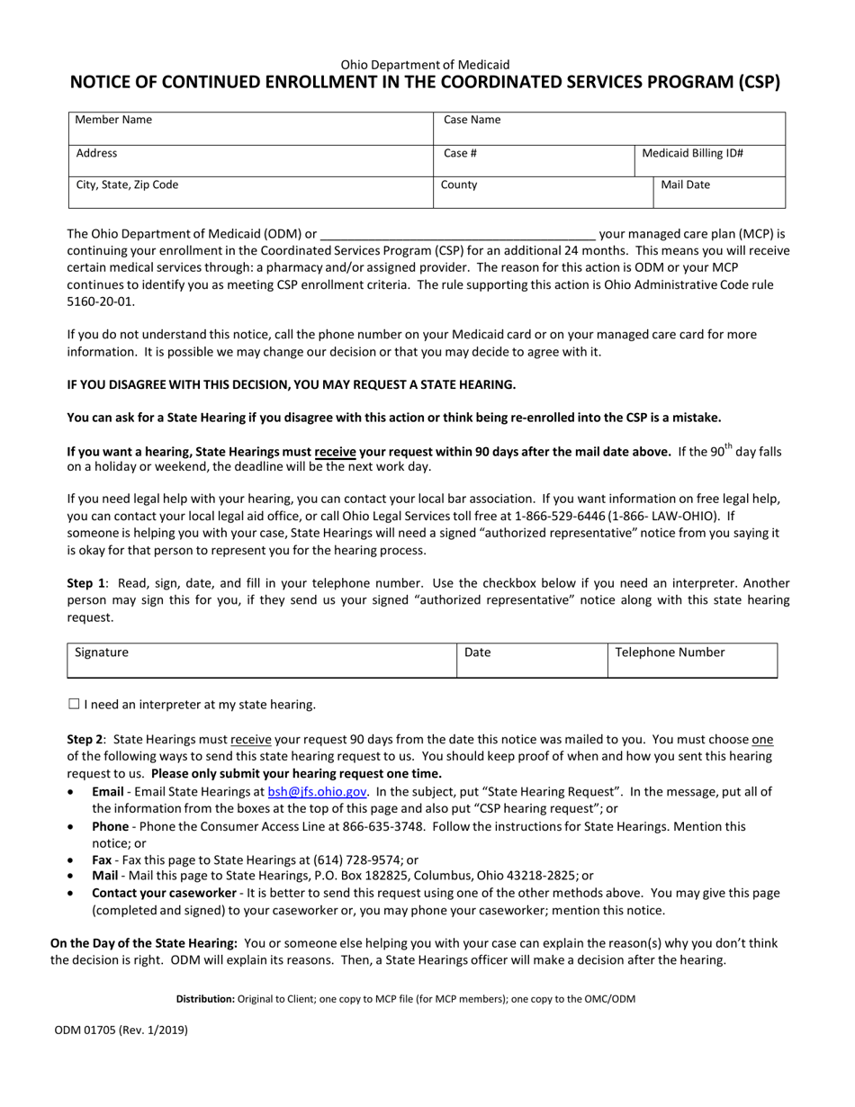 Form ODM01705 Notice of Continued Enrollment in the Coordinated Services Program (CSP) - Ohio, Page 1