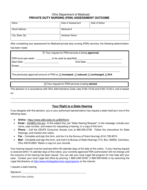 Form ODM02373 Private Duty Nursing (Pdn) Assessment Outcome - Ohio