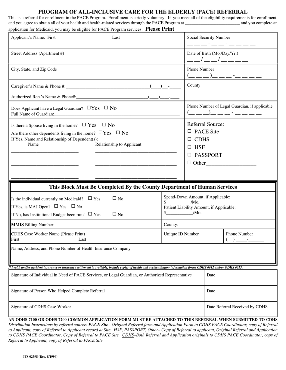 Form ODM02398 Program of All-inclusive Care for the Elderly (Pace) Referral - Ohio, Page 1