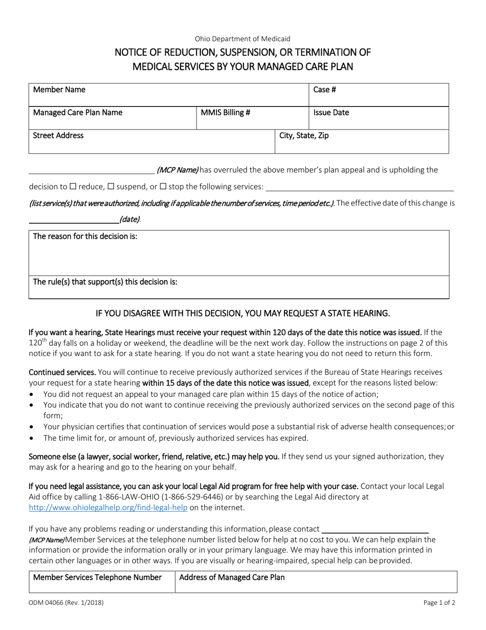 Form ODM04066 Notice of Reduction, Suspension, or Termination of Medical Services by Your Managed Care Plan - Ohio, Page 1