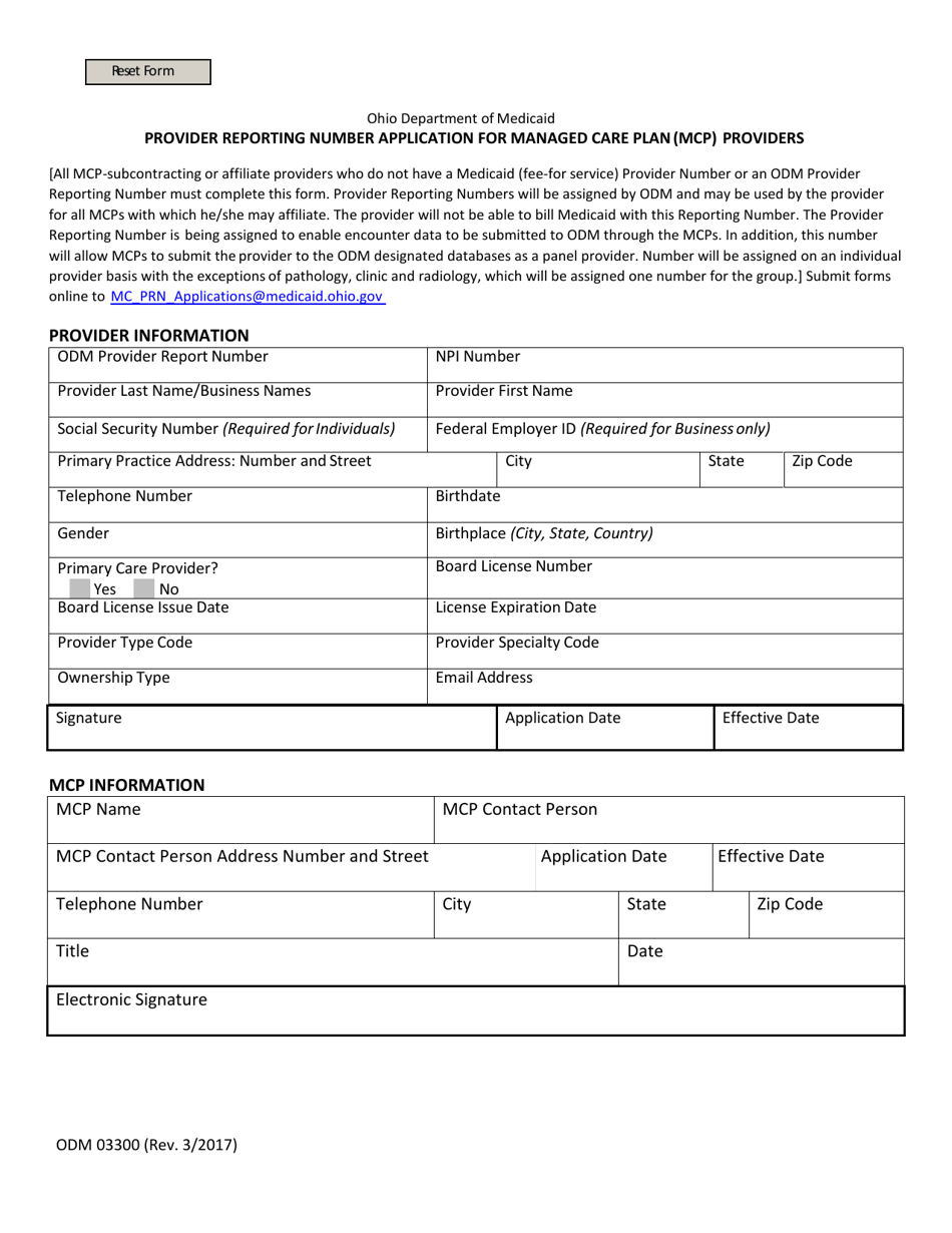 Form ODM03300 Provider Reporting Number Application for Managed Care Plan (Mcp) Providers - Ohio, Page 1