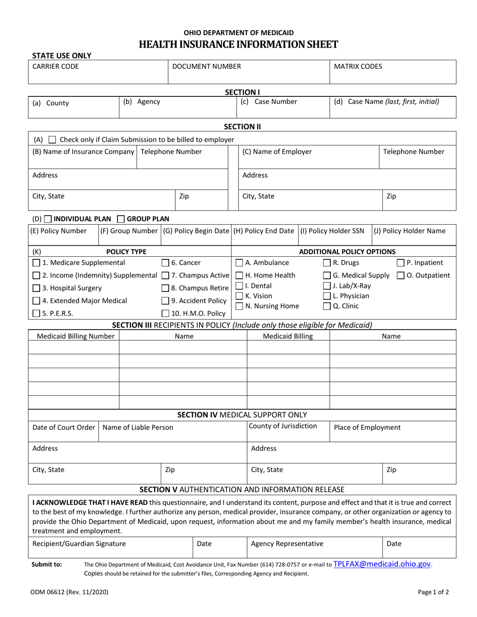Form ODM06612 Health Insurance Information Sheet - Ohio, Page 1