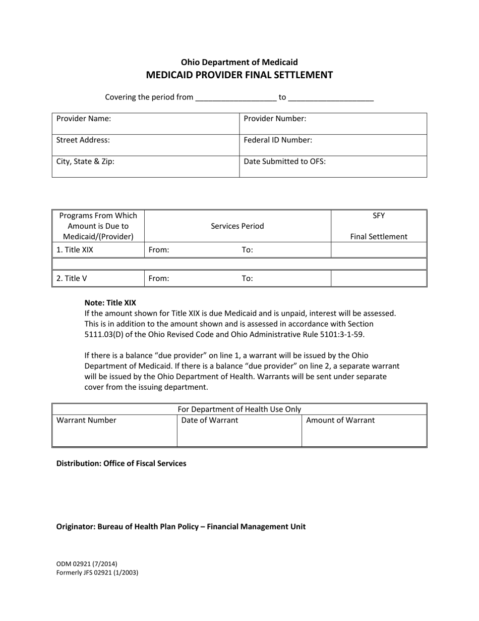 Form ODM02921 Medicaid Provider Final Settlement - Ohio, Page 1
