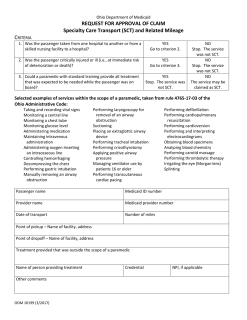 Form ODM10199 Request for Approval of Claim Specialty Care Transport (Sct) and Related Mileage - Ohio