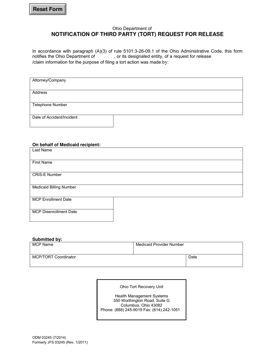 Form ODM03245 Notification of Third Party (Tort) Request for Release - Ohio, Page 1