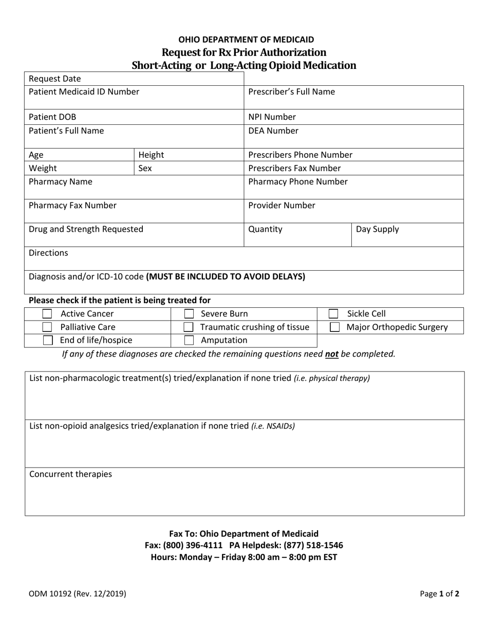 Form ODM10192 Request for Rx Prior Authorization Short-Acting or Long-Acting Opioid Medication - Ohio, Page 1