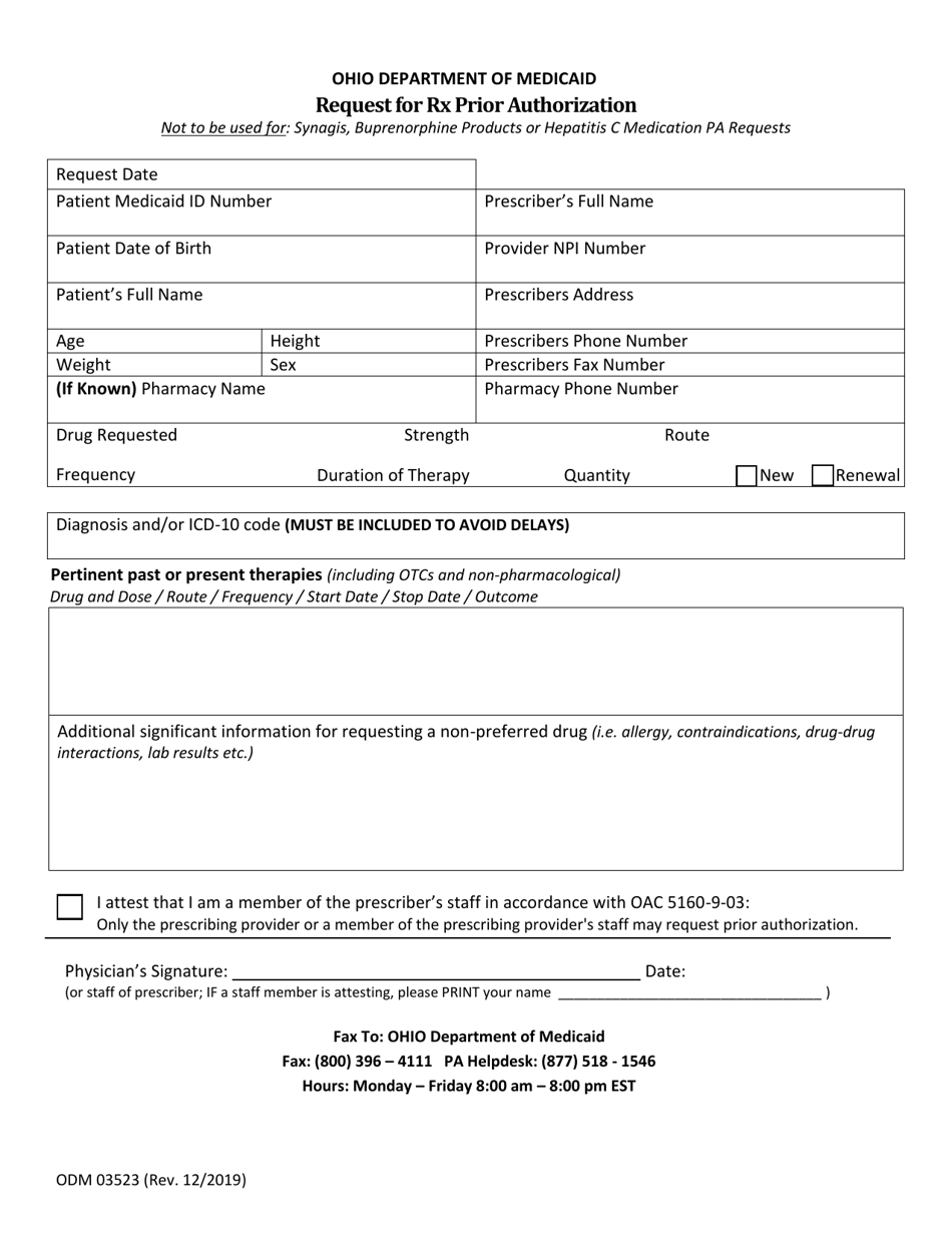 Form ODM03523 Request for Rx Prior Authorization - Ohio, Page 1