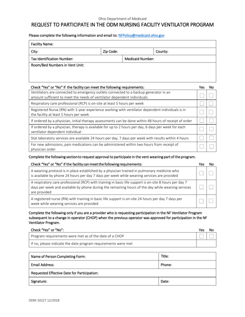 Form ODM10227 Request to Participate in the Odm Nursing Facility Ventilator Program - Ohio
